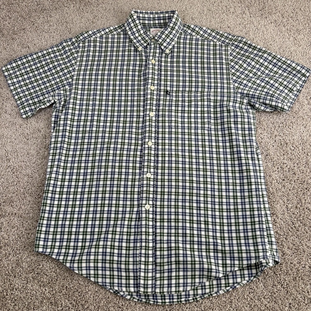 Brooks Brothers 346 Short Sleeve‎ Shirt M Green Navy Plaid Cotton Button Down